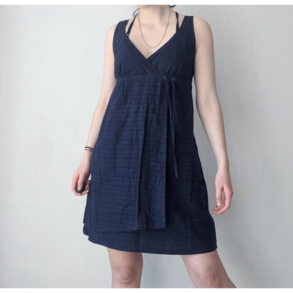 Patagonia Sun Dress Size 4 Blue Island Hemp Faux Wrap Pockets Organic Cotton